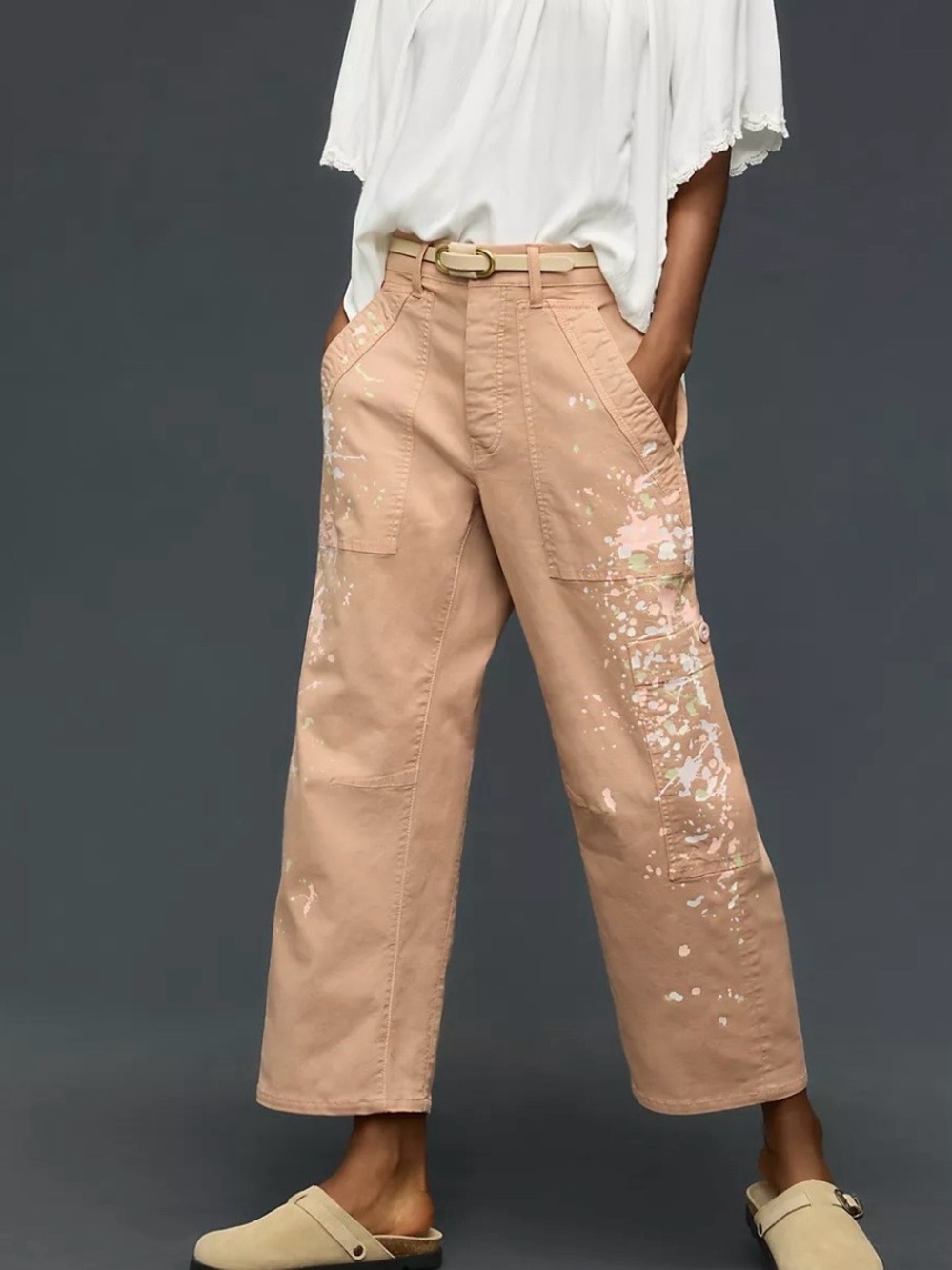 Pilcro Millie Tan Low-Slung Barrel Pants With Paint Splatter 28 Waist